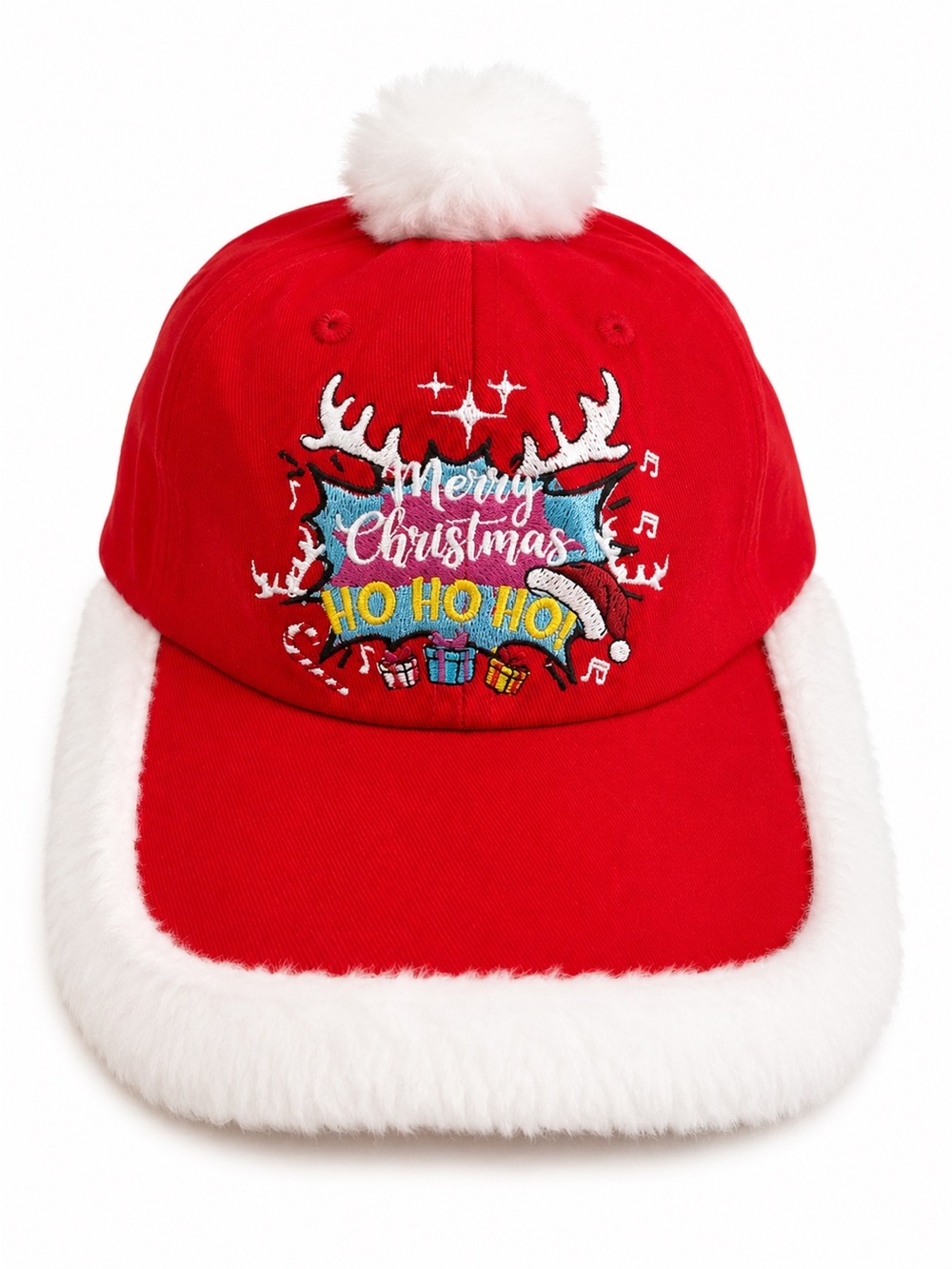 Christmas Pom Pom Baseball Cap with Faux Fur Trim - Red & White